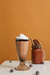 Tasty fresh summer dessert - chocolate milkshake, space for text