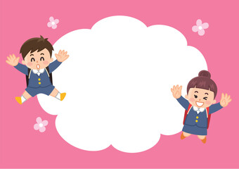 制服を着てランドセルを背負った小学生と吹き出しのイラストセット