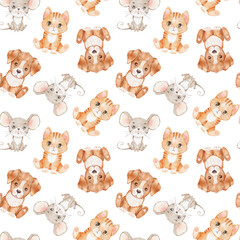 Cute cartoon cat, dog and mouse on white. Watercolor seamless pattern. Childish background