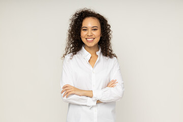 Young business woman on white background, business and job