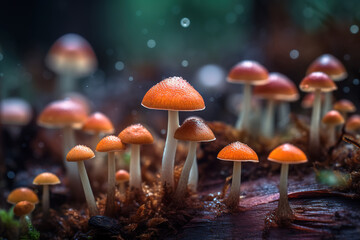 A group of small mushrooms growing on the forest floor and grass..
