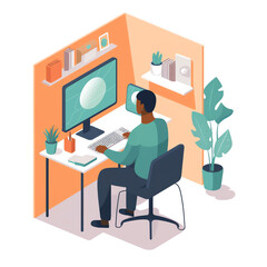 Virtual Classroom: Person at desk with virtual classroom open, highlighting features like video conferencing, interactive whiteboards. Background shows classroom settings. Generative AI.