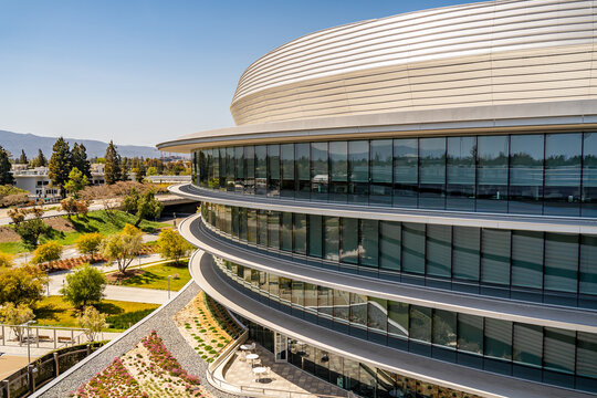 Modern office buildings in the new Apple campus. 