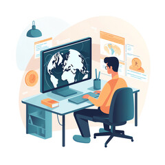 Distance Education: Person at desk with distance education program open, highlighting features like online lectures, assignments. Background shows distance education elements. Generative AI.