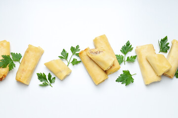 Concept of tasty food, thin pancakes with filling, top view