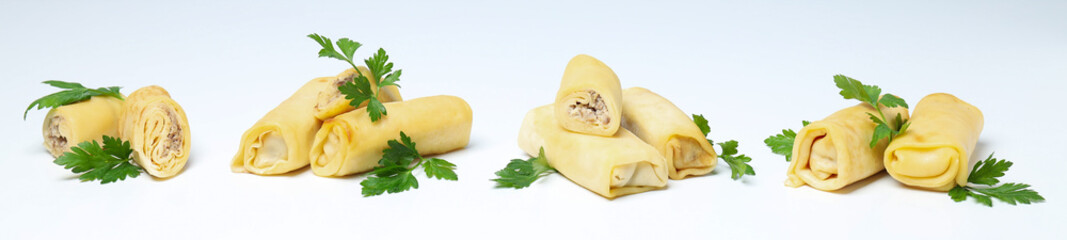 Concept of tasty food, thin pancakes with filling