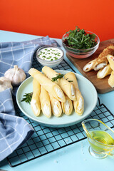 Concept of tasty food, thin pancakes with filling