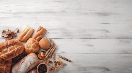 Assorted Bakery Products on Wooden Background . created with Generative AI