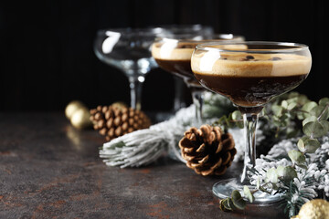 Espresso martini cocktail, delicious alcohol drink, space for text