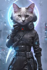 Portrait of a cat soldier in a futuristic military suit with a claw-shaped dagger. Generative AI