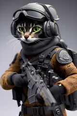 Portrait of a cat soldier with a rifle in a modern military suit with a helmet and an unloading vest. Generative AI