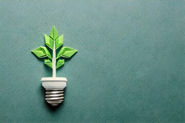 Eco friendly lightbulb made of green paper leaves, the concept of renewable energy and environmental care. Generative AI - obrazy, fototapety, plakaty