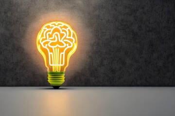 Lightbulb with a glowing brain inside. The concept of a bright idea and a found solution. Generative AI