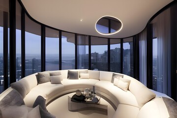 Clean and bright modern penthouse living room with fully panoramic windows and views of the evening city. Cozy circular sofa with pillows and a coffee table. Generative AI