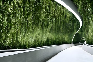 A cozy green corridor in a modern metropolis built in harmony with nature. A transition created by hanging plants. The symbiosis of urban architecture and natural biological life. Generative AI