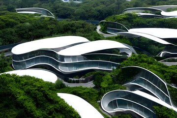The exterior of the ultra-modern houses drowning in greenery with elegant lines, perfect shapes and panoramic windows. Symbiosis of urban architecture and natural biological life. Generative AI