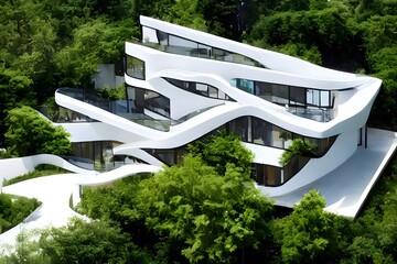 The exterior of the ultra-modern house with elegant lines, perfect shapes and panoramic windows. The concept of symbiosis of urban architecture and natural biological life. Generative AI