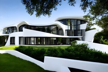The exterior of the ultra-modern house with elegant lines, perfect shapes and panoramic windows. The concept of symbiosis of urban architecture and natural biological life. Generative AI