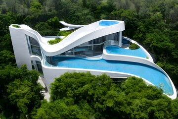 The exterior of an ultra-modern house drowning in greenery with elegant lines, perfect shapes, panoramic windows and swimming pools. The concept of the symbiosis with nature. Generative AI