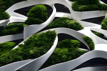 Plakat The landscape of a magnificent modern eco-friendly city with terraces covered with green plants. The symbiosis of urban architecture and natural biological life. Generative AI