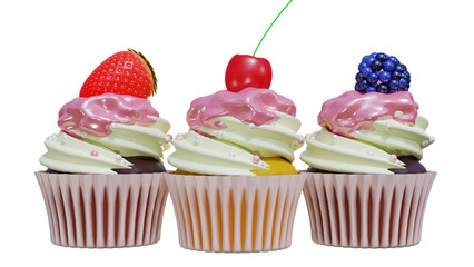 cupcakes with berries fruits cherry strawberry blueberry 3D rendering 