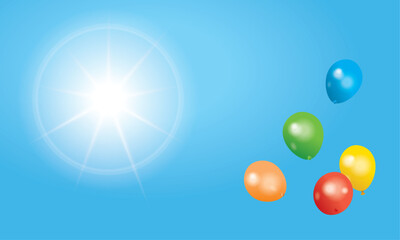 自由のイメージ。青空に放たれた色とりどりのゴム風船の背景イラスト。横位置