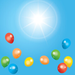 自由のイメージ。青空に放たれた色とりどりのゴム風船の背景イラスト。横位置