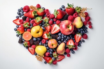 Naklejka na ściany i meble Various Fruits in the heart shape, Healthy fresh fruits background. Generative AI