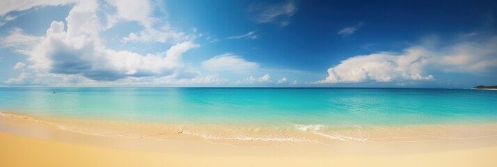 Fototapeta premium Panorama tropical sea and sandy beach with blue sky background. Generative AI