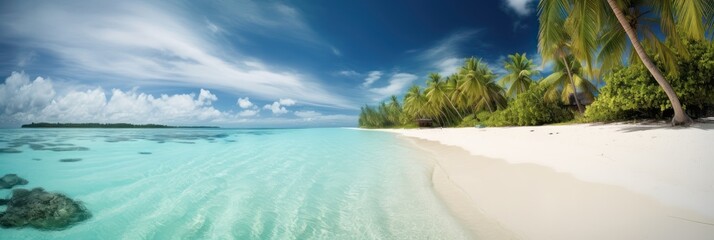 Fototapeta na wymiar Panorama tropical sea and sandy beach with blue sky background. Generative AI