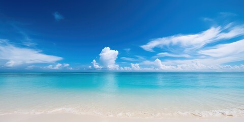Tropical sea and sandy beach with blue sky background. Generative AI - obrazy, fototapety, plakaty