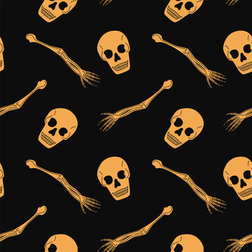 Seamless pattern with human skulls and bones. Vector background with sinister smiling skulls in retro style. Graphic print for clothes, fabric, wallpaper, wrapping paper.