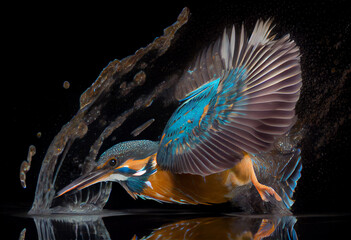 Common European Kingfisher (Alcedo atthis). Kingfisher flying after emerging from water with caught fish prey in beak on green natural background.