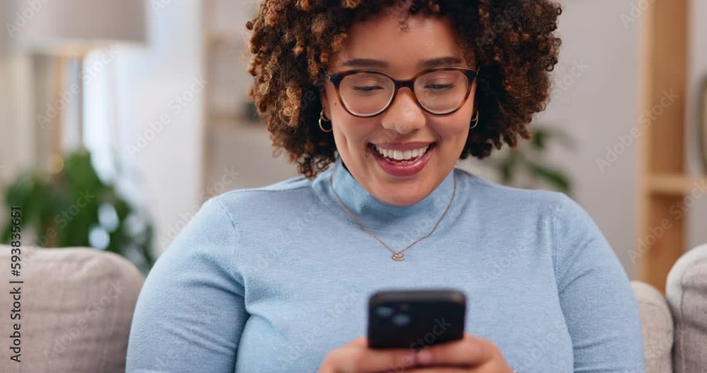 Canvas Prints Laughing, phone and relax with woman on sofa for social media, internet and text message. Happy, smile and technology with female in living room at home for communication, connection and digital app