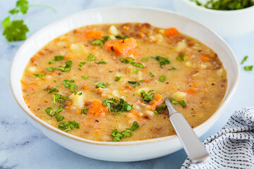 Vegan stew with potatoes, sweet potato and lentils in white bowl. Plant-based recipe.