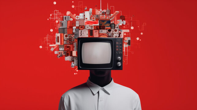 Contemporary art collage of male with TV instead head isolated over red background Generated AI