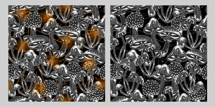 Set of gray camouflage patterns with fantasy mushrooms, orange halftone shapes like flash. Dark textured background behind. Good for apparel, clothing, fabric, textile, sport goods.