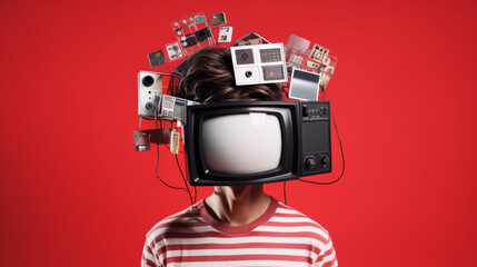 Contemporary art collage of male with TV instead head isolated over red background - obrazy, fototapety, plakaty