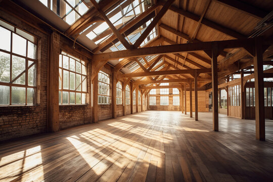 Interior of an old factory building with wooden beams and sunlight. Generative AI