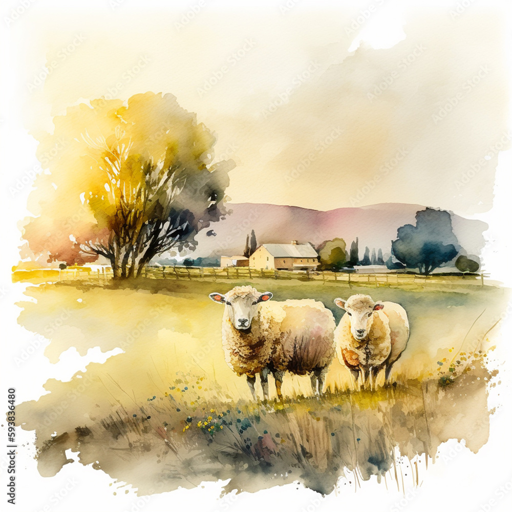 Wall mural watercolor of two sheep – created using generative ai