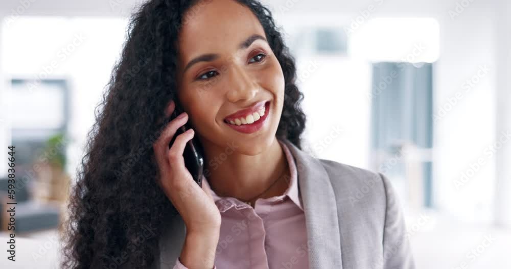 Sticker Happy business woman, phone call and conversation for communication, proposal or idea at the office. Female employee with smiling talking on mobile smartphone for corporate discussion, chat or plan