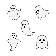Ghost halloween set. Scary white ghosts. Ghostly monster with Boo scary face shape.