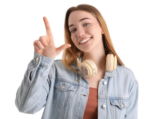 Young woman showing loser gesture on white background