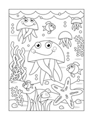 Coloring page with jellyfish and underwater scene of sea life
