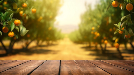 Empty Wood Table with Orange Trees and Field Background. created with Generative AI