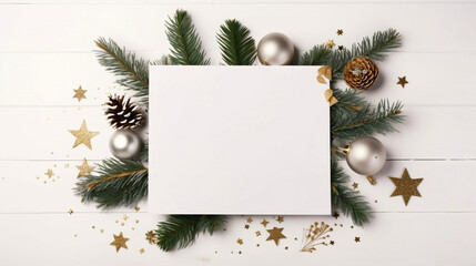 Fototapeta na wymiar Christmas Decor and Blank Card on White Wooden Table - Space for Text. created with Generative AI
