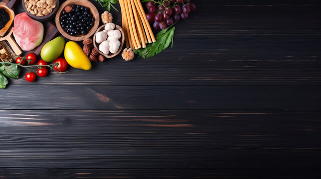 Various Healthy Products on Wooden Background. created with Generative AI