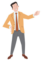 スーツ姿の男性、笑顔で説明している、全身のベクターイラスト