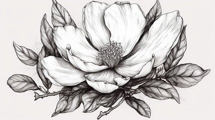 Black & White Hand Drawing Of Magnolia With Leaves On Isolated Background, Generative Ai
