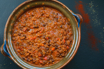 Black Bean Beef Chili Con Carne in Large Clay Pot